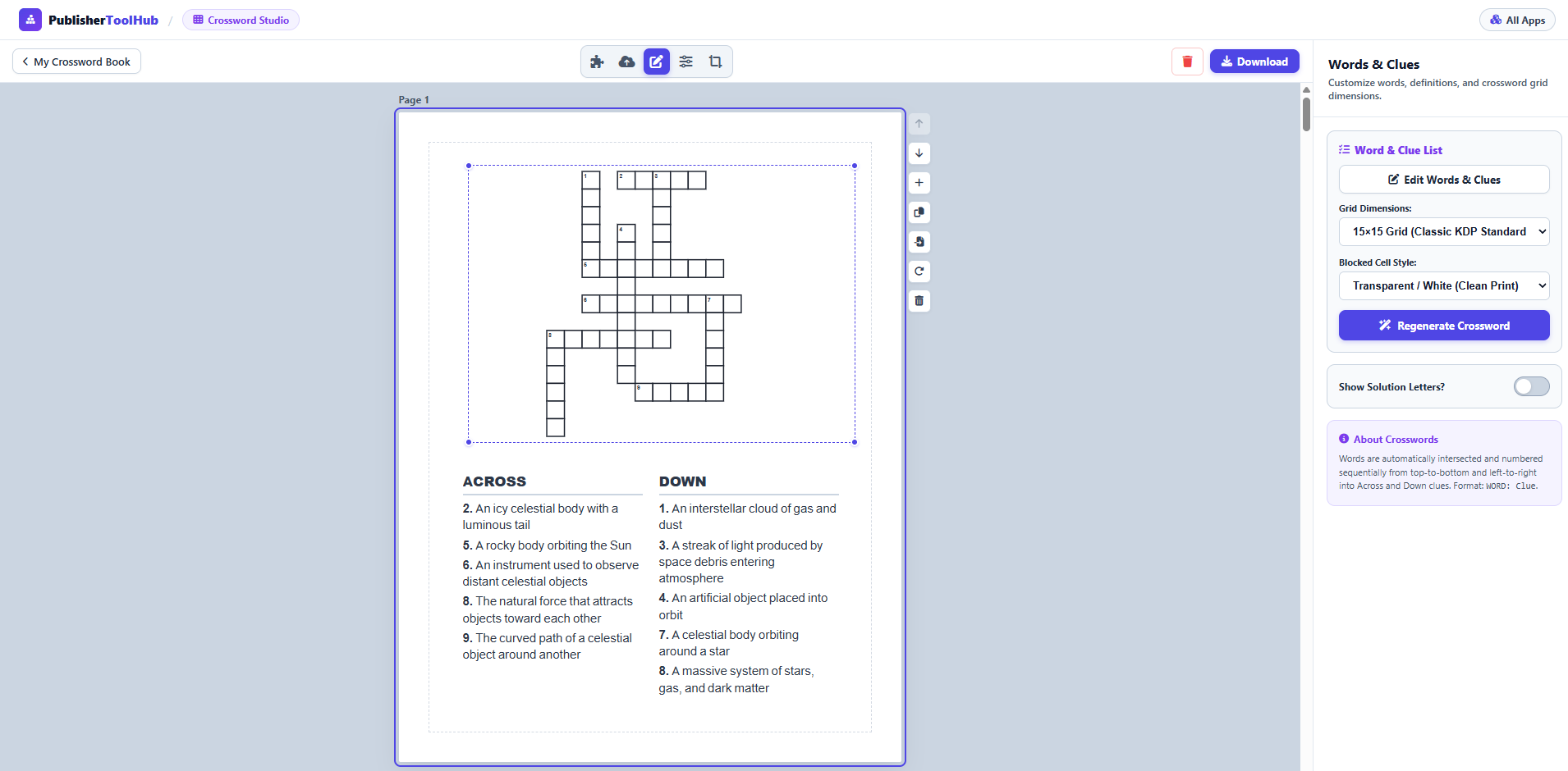 Publisher Tool Hub Crossword Studio showing dense crossword intersections and Across Down clue lists