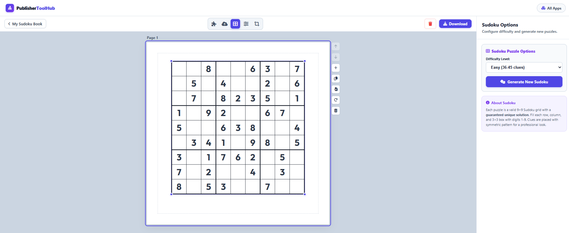 Publisher Tool Hub Sudoku Puzzle Studio showing difficulty levels and symmetric 9x9 grid layout