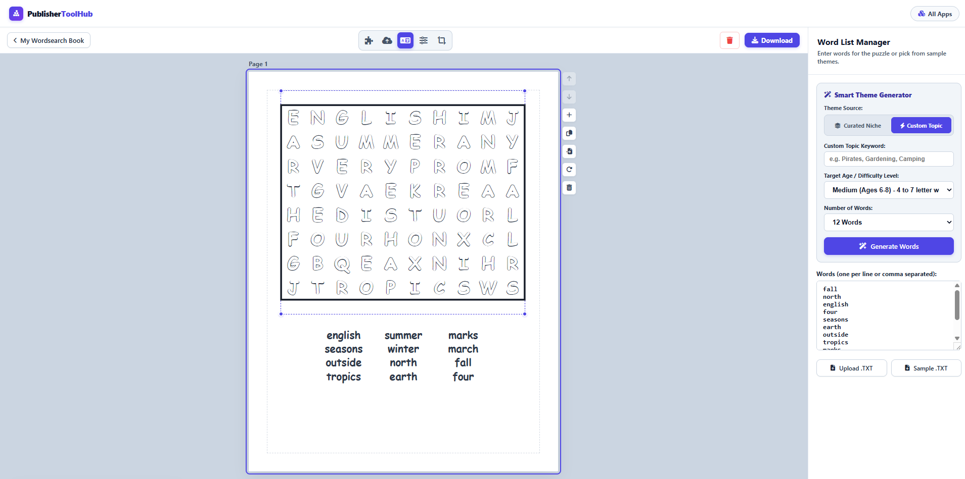Publisher Tool Hub Word Search Studio interface configured for large print senior puzzle books